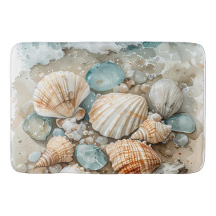 Küstenseemuscheln Aquarell Treibholz Szene Badematte