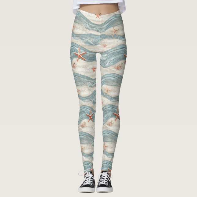 Küstenseestern auf Aqua-Sandwellen-Muster (7) Leggings (Vorderseite)