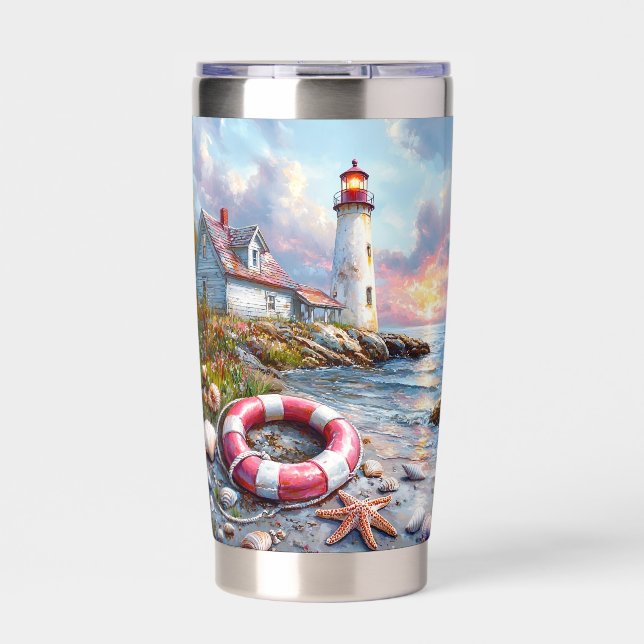Küstenserinität bei Sonnenuntergang – Leuchtturm  Thermobecher (Vorderseite)