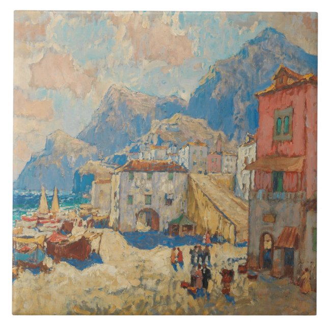 Küstenstadt in Spanien (Vintage spanische Landscha Fliese (Vorderseite)