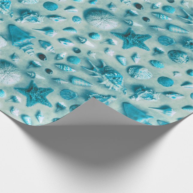 Küstenstarfish-und Seashells-Strand-Foto-Aqua Geschenkpapier (Ecke)