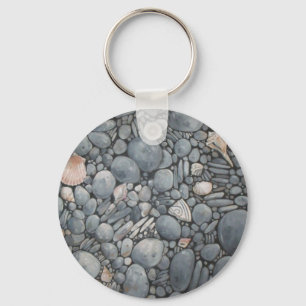 Küstenstrand Kiesel und Muscheln Malerei Druck Schlüsselanhänger