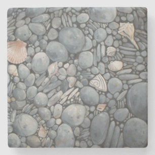 Küstenstrand Kiesel und Muscheln Malerei Druck Steinuntersetzer