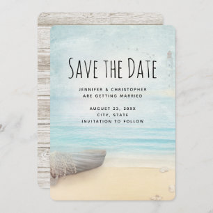 Küstenstrand mit Hochzeit des Bootes retten das Da Save The Date