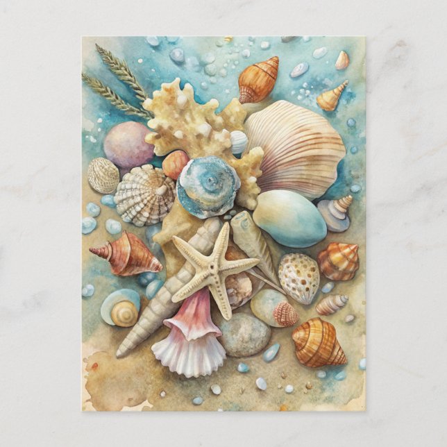 Küstenstrand Seashells Starfish Wasserfarben Kunst Postkarte (Vorderseite)