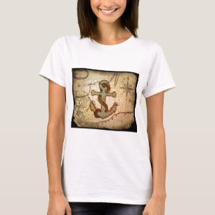 Küstenstrand-Seekarten-Vintager Anker T-Shirt