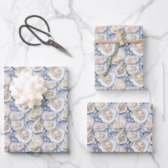 Küstenstrand-Wasserfarbe-Austernschalen Geschenkpapier Set (Vorderseite)