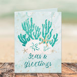 Küstenstrasse SEAS & GREETINGS Türkisfarbener Glit Feiertagskarte<br><div class="desc">Küste, Strand oder tropische Weihnachtskarte mit den Gruß SEAS UND GREETINGS in modernen Kalligraphie Schrift Typografie in Türkis, Aqua und aquamarine Aquarell mit Korallen, Seestern und Sand Dollar mit Imitat Glitzer und Ihren eigenen Text im Inneren. OPTIONEN: Das Beispiel wird auf der 4x5.6" Satinkarte angezeigt - 12x18 oder Matte Optionen...</div>