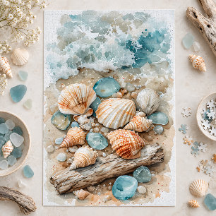 Küstenszenen-Aquarell mit Muscheln und Treibholz Puzzle