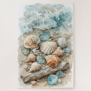 Küstenszenen-Aquarell mit Muscheln und Treibholz Puzzle