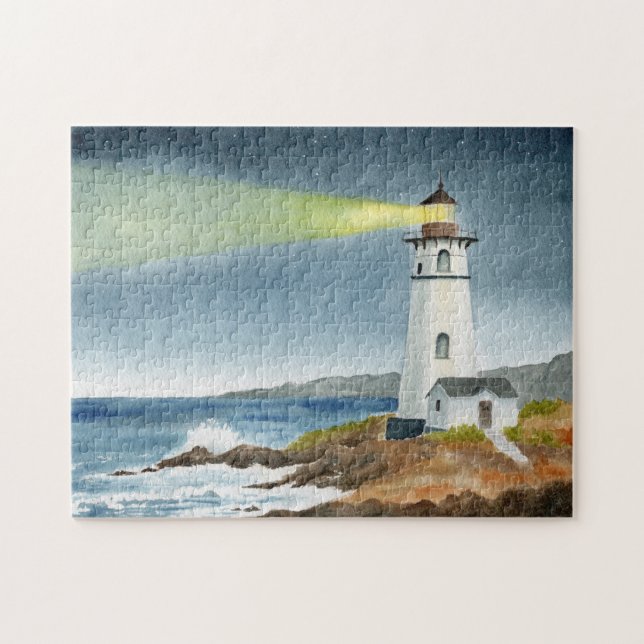 Küstenteleuchtturm mit Lichtstrahl Puzzle (Horizontal)