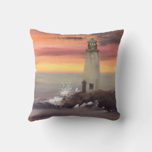 Küstenteleuchtturm mit rosa und orangefarbenem Him Kissen