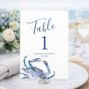 Küstentisch Blau Aquarell-Krabbe Hochzeit Tischnum Einladung