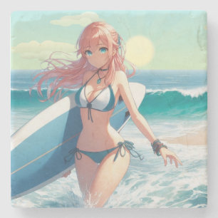 Küstentyp/nautischer/tropischer Anime-Surfergirl Steinuntersetzer