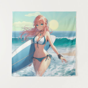 Küstentyp/nautischer/tropischer Anime-Surfergirl Wandteppich