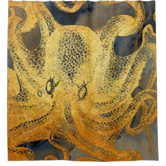 Küstenvintage Gold Blau Schwarzer Oktopus Aquarell Duschvorhang