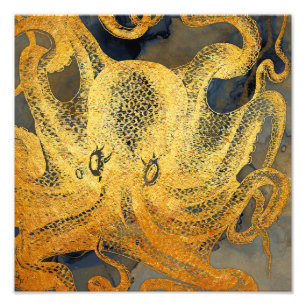 Küstenvintage Gold Blau Schwarzer Oktopus Aquarell Fotodruck