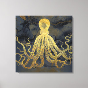 Küstenvintage Gold Blau Schwarzer Oktopus Aquarell Leinwanddruck