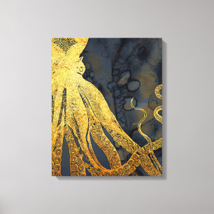 Küstenvintage-Oktopus Gold Schwarz Blau Aquarell Leinwanddruck