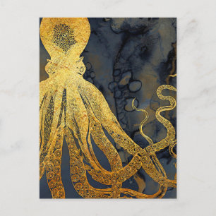 Küstenvintage-Oktopus Gold Schwarz Blau Aquarell Postkarte