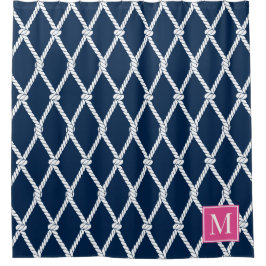 Küstenvornehm-Nautik-Monogramm - Navy & Hot Pink Duschvorhang