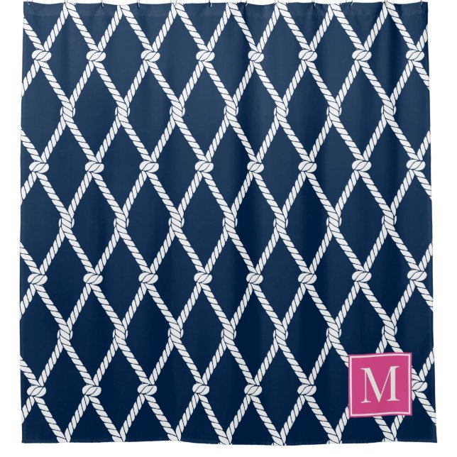 Küstenvornehm-Nautik-Monogramm - Navy & Hot Pink Duschvorhang (Vorderseite)