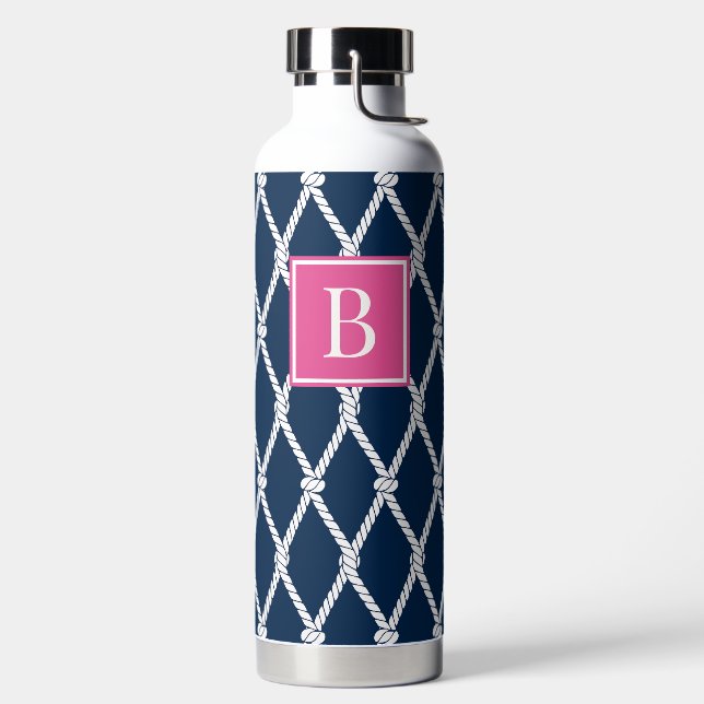 Küstenvornehm-nautisches Monogramm - Navy & Hot Pi Trinkflasche (links)