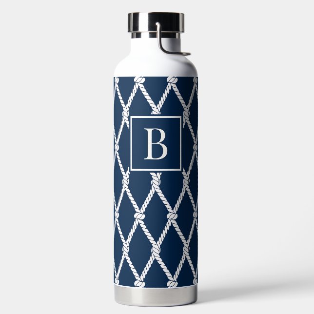 Küstenvornehm-nautisches Monogramm - Navy & Weiß Trinkflasche (links)