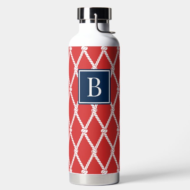 Küstenvornehm-nautisches Monogramm - Rot & Navy Trinkflasche (links)