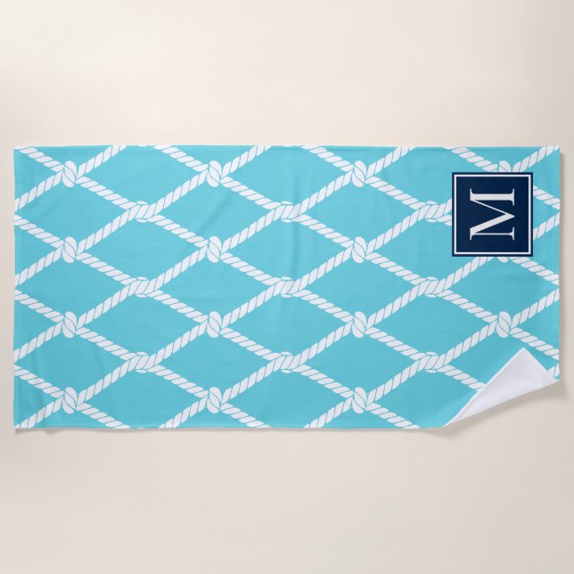 Küstenvornehm-nautisches Monogramm – Türkis & Navy Strandtuch (Vorderseite)