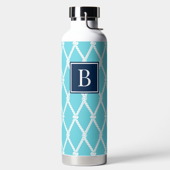 Küstenvornehm-nautisches Monogramm Türkis & Navy Trinkflasche (links)
