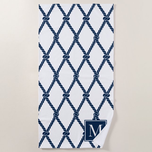 Küstenvornehm Nautisches Monogramm – Weiß & Navy Strandtuch (Vorderseite)
