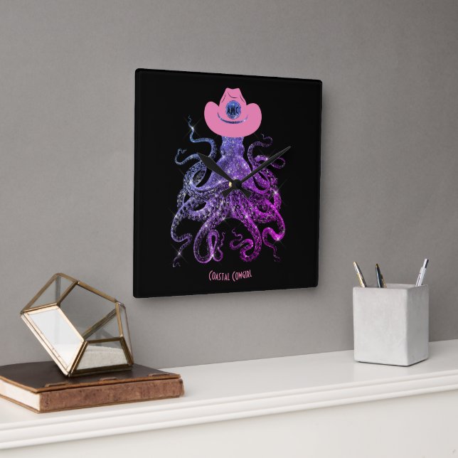 Küstenwache Silver Pink Monogram Wall Clock Quadratische Wanduhr (Büro)