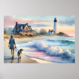 Küstenwanderung zum Leuchtturm bei Sonnenuntergang Poster