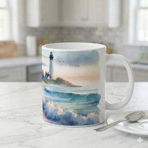 Küstenwanderweg zum Leuchtturm bei Sonnenuntergang Kaffeetasse