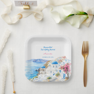 Küstenwasserfarbe Santorin Griechenland Brautparty Pappteller
