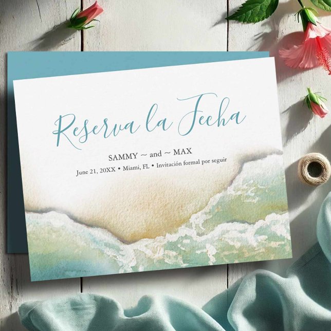 Küstenwasserfarbe Save the Date auf Spanisch (Save the date in Spanish watercolor shoreline art by Victoria Grigaliunas Do Tell A Belle)