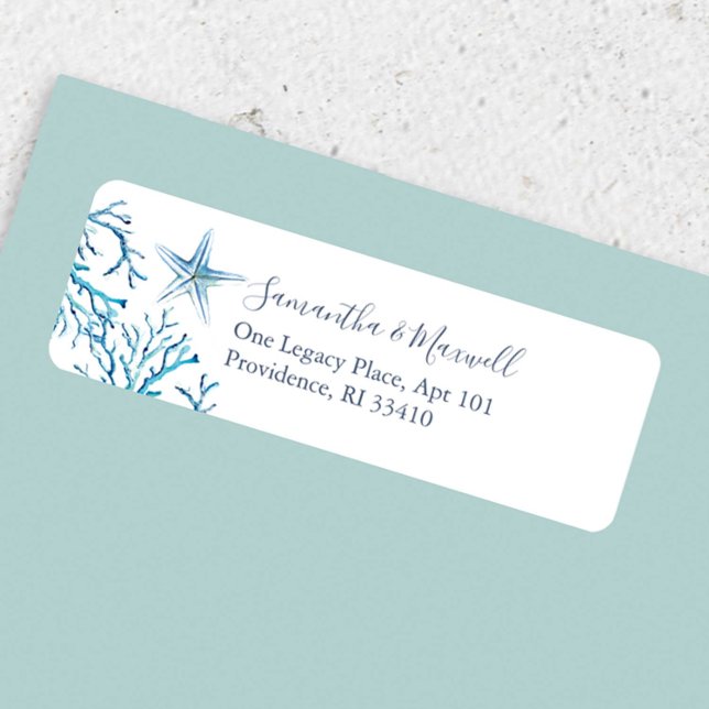 Küstenwasserfarbe unter den Seeadressen (Return address sticker features watercolor starfish and sea coral art by Victoria Grigaliunas)