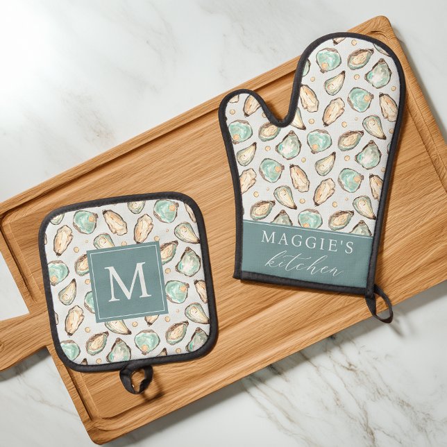 Küstern-Austernschalen-Monogramm Ofenhandschuh & Topflappen-Set (Von Creator hochgeladen)