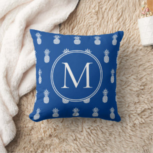 Küstlerisch Navy Blau und Weiße Ananas Monogramm Kissen