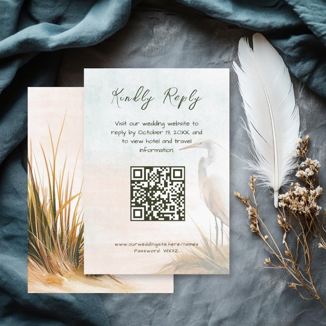 Küstlerischer Boho-Silberreiher QR-Code RSVP Begleitkarte (Von Creator hochgeladen)