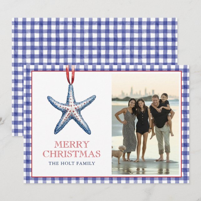 Küstliche Weihnachts-Seestern-Ornament Gingham Fot Feiertagskarte (Vorne/Hinten)