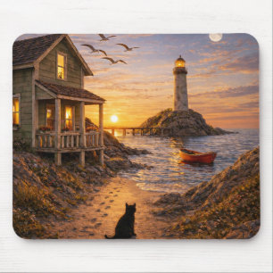 Küstliches Leuchtturm Cottage Sonnenuntergang Katz Mousepad