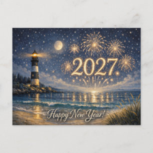 Küstliches Leuchtturm-Feuerwerk Frohes Neues Jahr Feiertagspostkarte