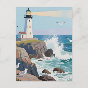 Küstliches Leuchtturm Ozeanwellen Möwen Postkarte