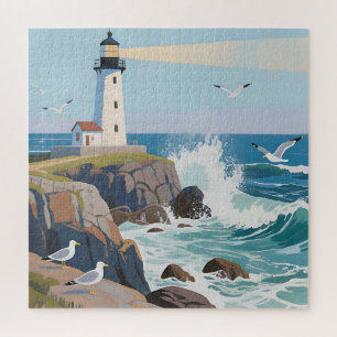 Küstliches Leuchtturm Ozeanwellen Möwen Puzzle
