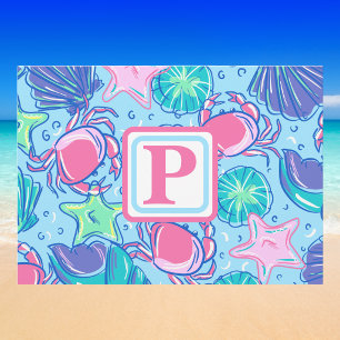 Küstliches Monogramm-Schalen Rosa Krebs Blau Postkarte