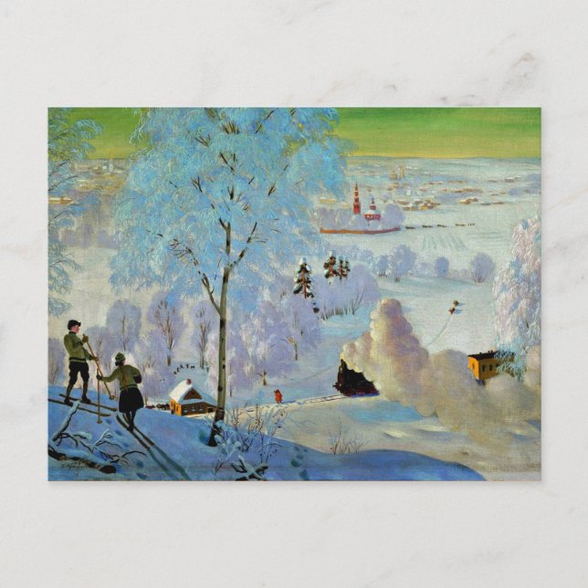 Kustodiev - Skiers Postkarte (Vorderseite)