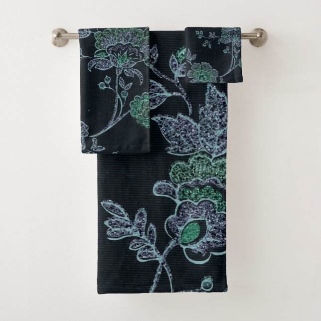 KUSTOM BLACK BLUE FLORAL BADEZIMMER TOWEL SET (Insitu)
