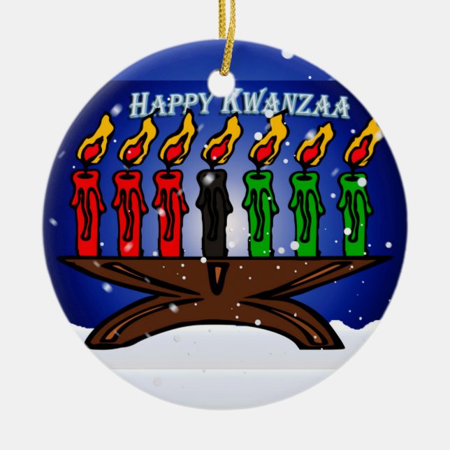 Kwanzaa Candle Kinara mit Schnee und Gruß Keramikornament (Vorne)